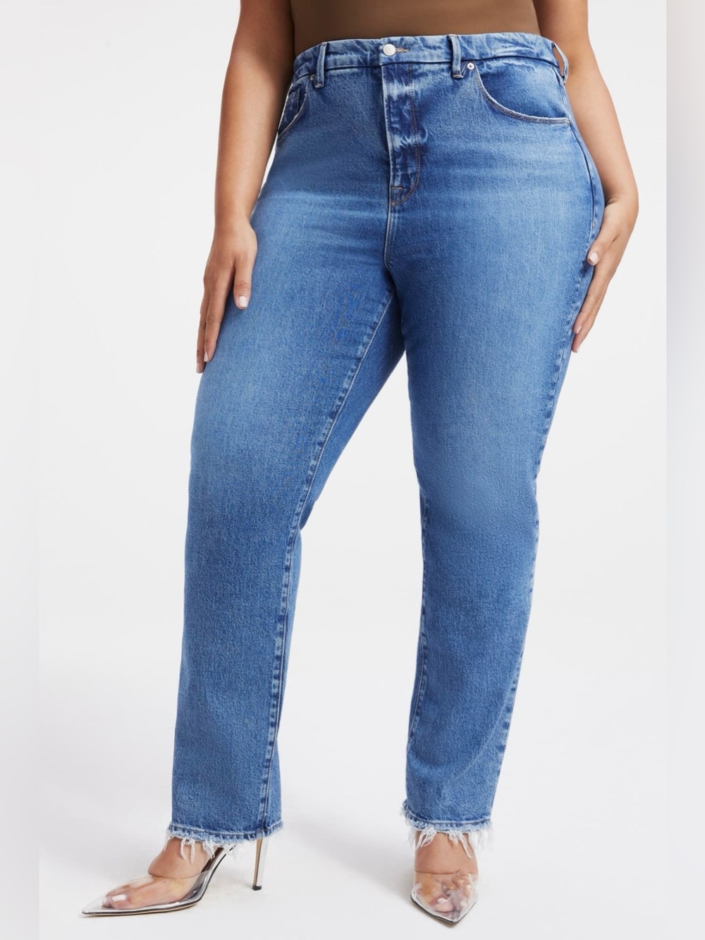 Good American Good Icon Natural Fray Hem Jeans Medium Blue Size 16